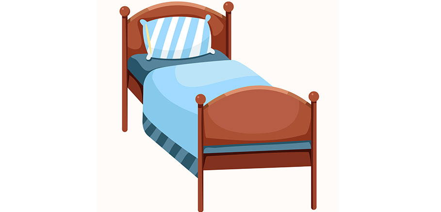 Εικαστικό με ξύλινο κρεβάτι με μπλε κλινοσκεπάσματα